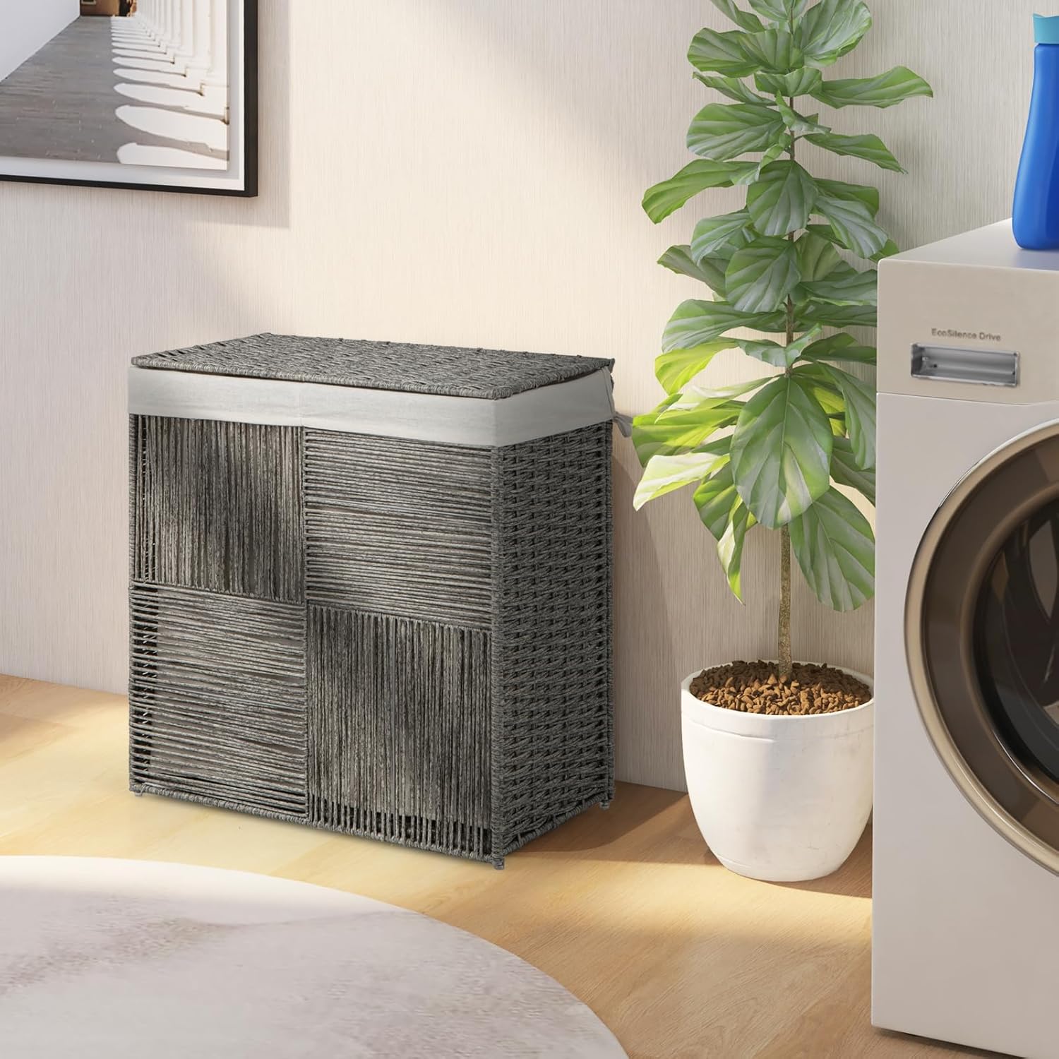 Giantex Laundry Hamper with Lid, 29 Gal (110L) Wicker Laundry Basket with 2-section Liner Bag, Removable & Washable, Foldable PP Rattan Clothes Hamper with Handle for Bathroom Bedroom (Gray)