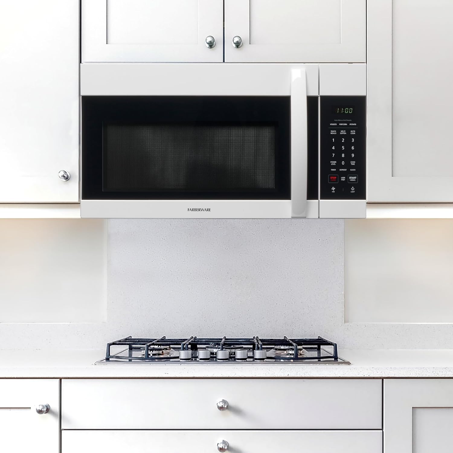 Farberware 1.7 Cu. Ft. Over-the-Range Microwave Oven – 1000 Watts Power, Auto Cook Settings, Defrost, Easy Clean and Child Safety Lock - White