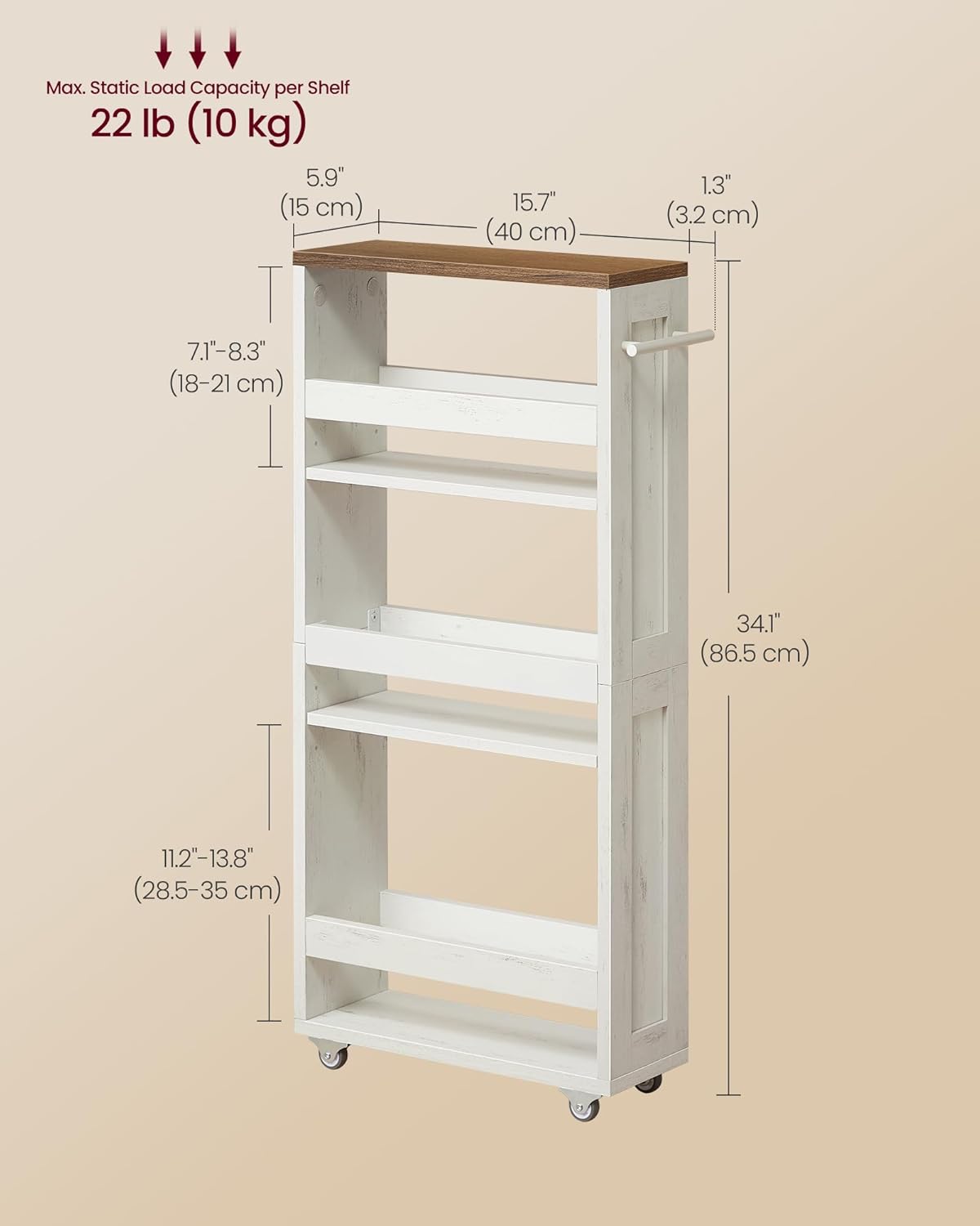 VASAGLE 4-Tier Slide-Out Storage Cart, Slim Kitchen Cart for Small Spaces, with Wheels, Handle, Bathroom, Laundry Room, 5.9 x 17 x 34.1 Inches, Rustic White and Honey Brown ULRC050K01