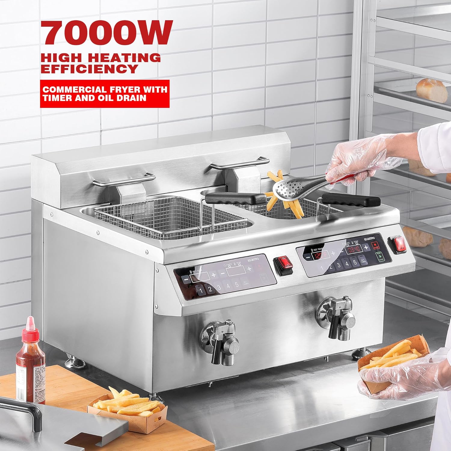 EGGKITPO 240V 7000W Commercial Induction Fryer 12L×2(25.4 QT) Electric Deep Fryer with Solid Baskets, 60 Minutes Timer Oil Drain Stainless Steel Bulid for Large Restaurant or Business Use
