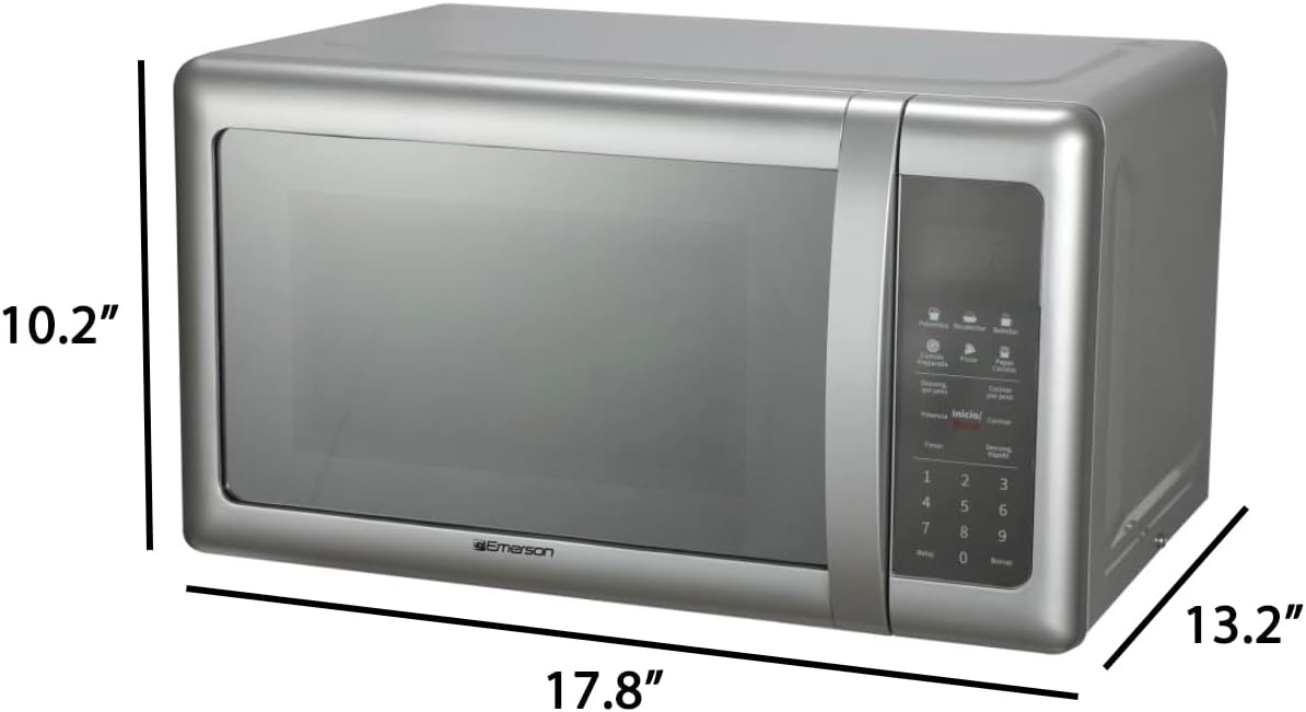 Emerson MW7601SL-N Countertop Microwave Oven with Sleek Mirrored Finish Glass Door, 700W, 10 Power Levels and 6 Pre-Programmed Settings with Child Safe Lock, 0.7. Cu. Ft., Silver