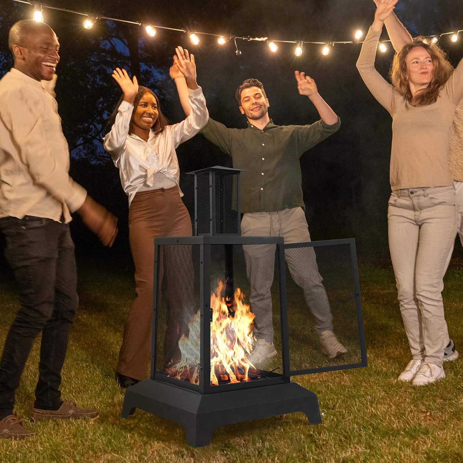 Walsport Chiminea Outdoor Fireplace, 43 Inch Wood Burning Fire Pit with Grill Grate and Spark Screen Cover, Outdoor Fire Pit for Patio, Backyard, Deck Porch and Camping (Black) ﻿