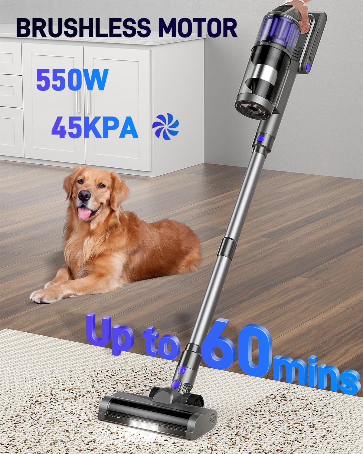 Cordless Vacuum Cleaner, Vacuum Cleaners for Home, 45KPA 550W Stick Handheld Portable 60 Mins Runtime Rechargeable Battery Pet Hair Hardwood Floor Vac, Household Lightweight Hand Vac, V10 Purple