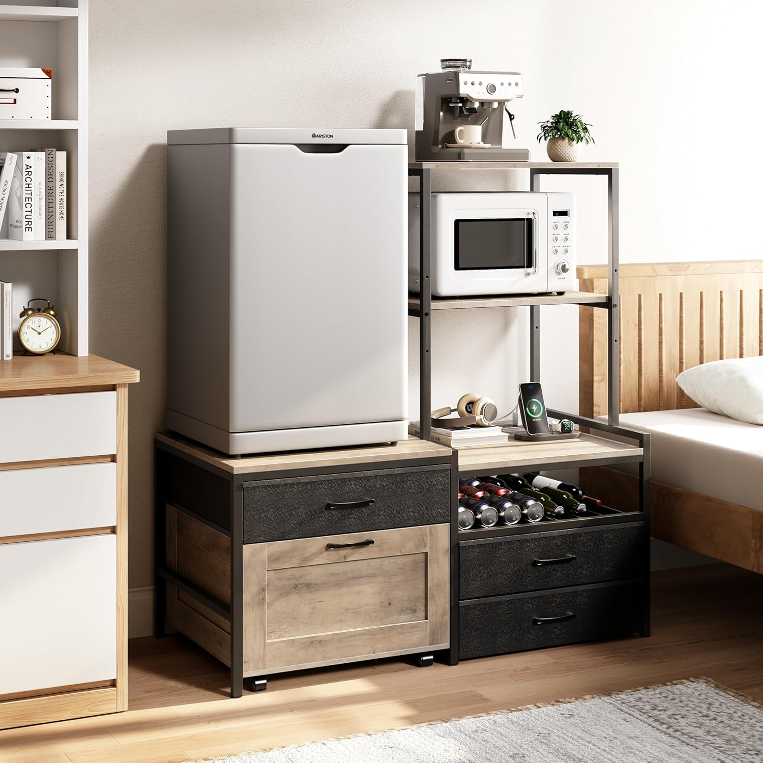 Mini Fridge Stand with Wine Rack, Kitchen Bakers Rack with Power Outlet, Microwave Oven Stand, Coffee Bar, Movable Drawers, for Dorm,Office, Grey HB04BXZ