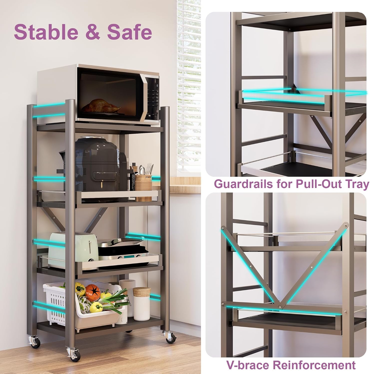 4-Tier Pull Out Kitchen Baker's Rack with Wheels, Heavy Duty Metal Microwave Stand with Storage, Adjustable Ktichen Shelves Freestanding, Rolling Utility Storage Cart (23.6''W x 49.2''H)