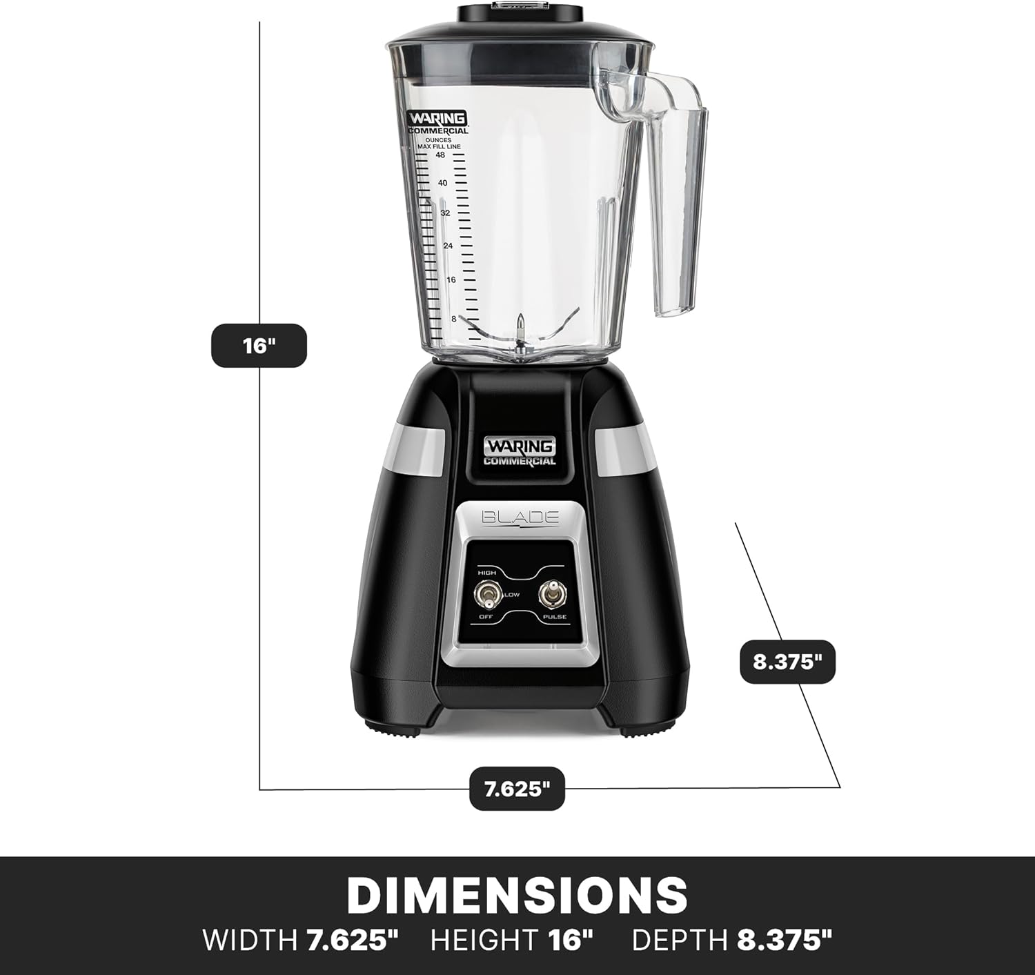 Waring Commercial BB300 Blade 1 HP Blender Toggle Switch Controls with Pulse feature with 48 oz BPA Free Copolyester Stacking Container, 120V, 5-15 Phase Plug ,Black
