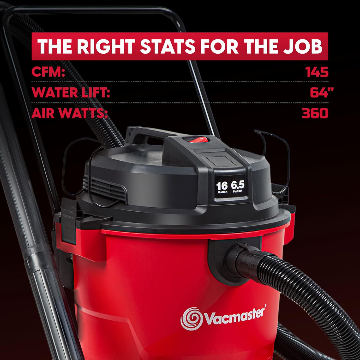 Vacmaster 16-Gallon 6.5 Peak HP† Wet/Dry Vacuum – VJH1612PF 1101, Red