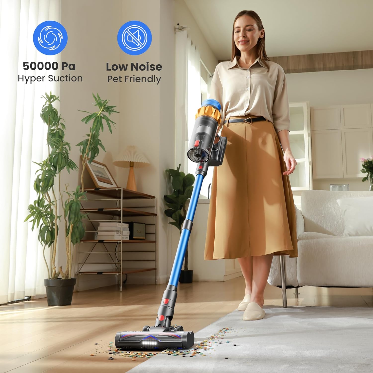 Cordless Vacuum Cleaner, 600W 50KPA 70Mins Vacuum Cleaners for Home, Self-standing Stick Vacuum with Aromatherapy, Anti-Tangle Brush, Wall Mount Charging Vacuum for Hardwood Floor/Carpet/Pet Hair