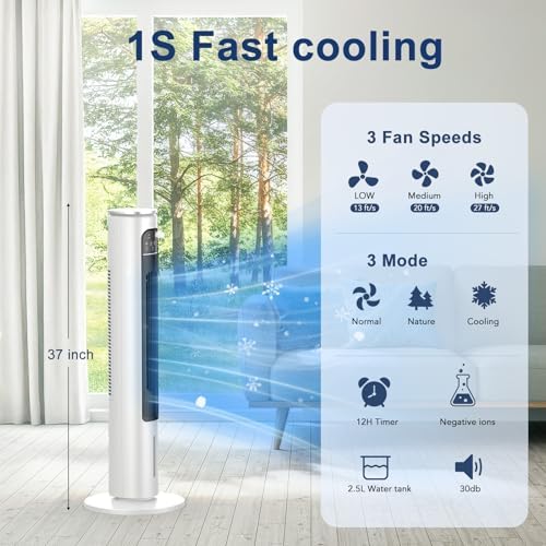 Windowless Portable Air Conditioner Ac Unit with Remote,37” Evaporative Air Cooler,Swamp Cooler for 4 Modes, 12H Timer, Removable Water Tank,Ice Packs,CoolingTower Fan for Bedroom,Outdoor,Indoor White