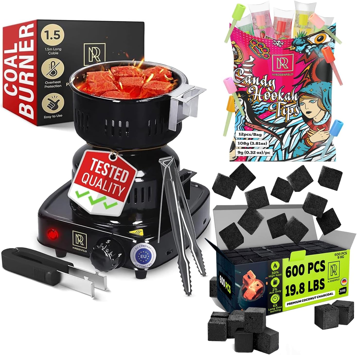 Charcoal Burner - Multipurpose Electric Charcoal Starter Approved Electric Stove - 600 pcs Hookah Charcoal Hookah Coals for Hookah Coconut 25mm Cubes - Candy Hookah Tips - 12 pcs Glow in The Dark