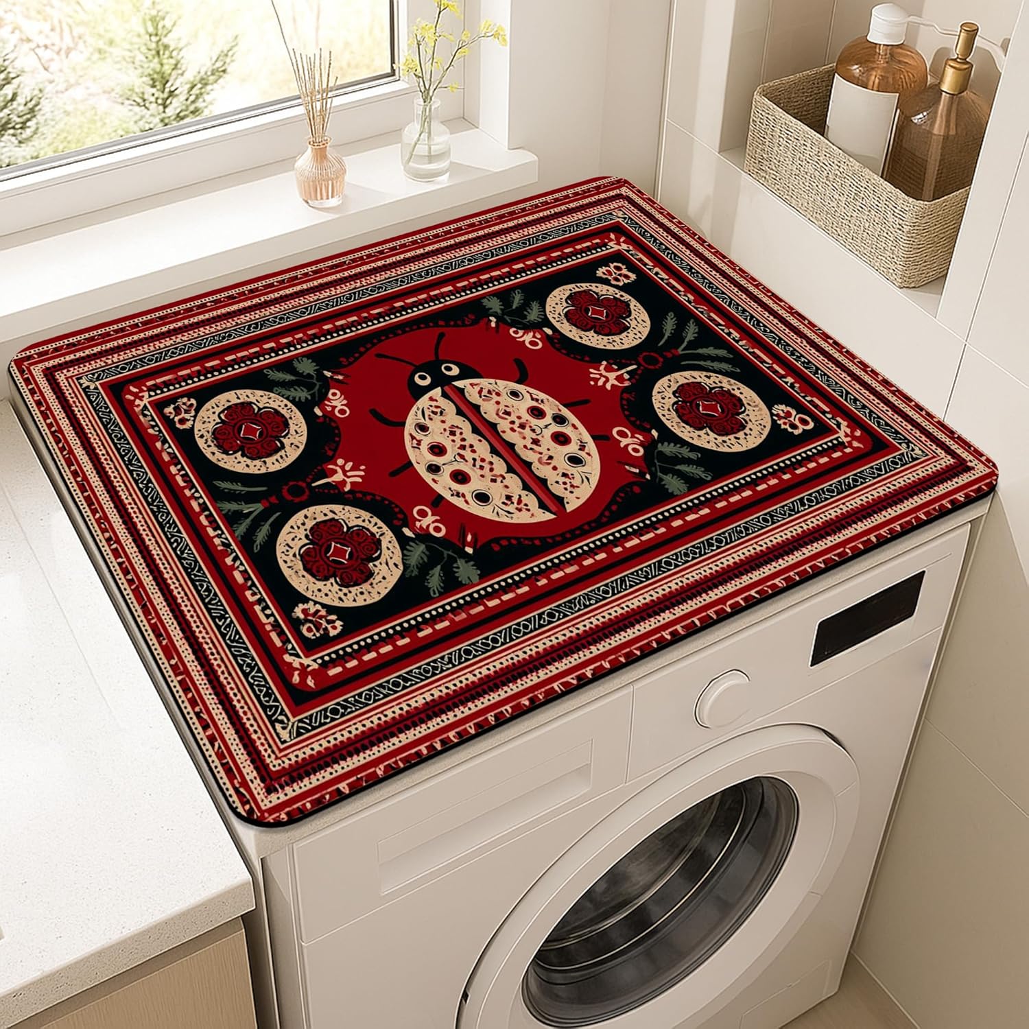 Ladybug Washer Dryer Top Protector Mat, Vintage Art Laundry Machine Dust Covers, Nature Inspired Rubber Anti-slip Waterproof Washer And Dryer Mats for Home 20x24 Inch