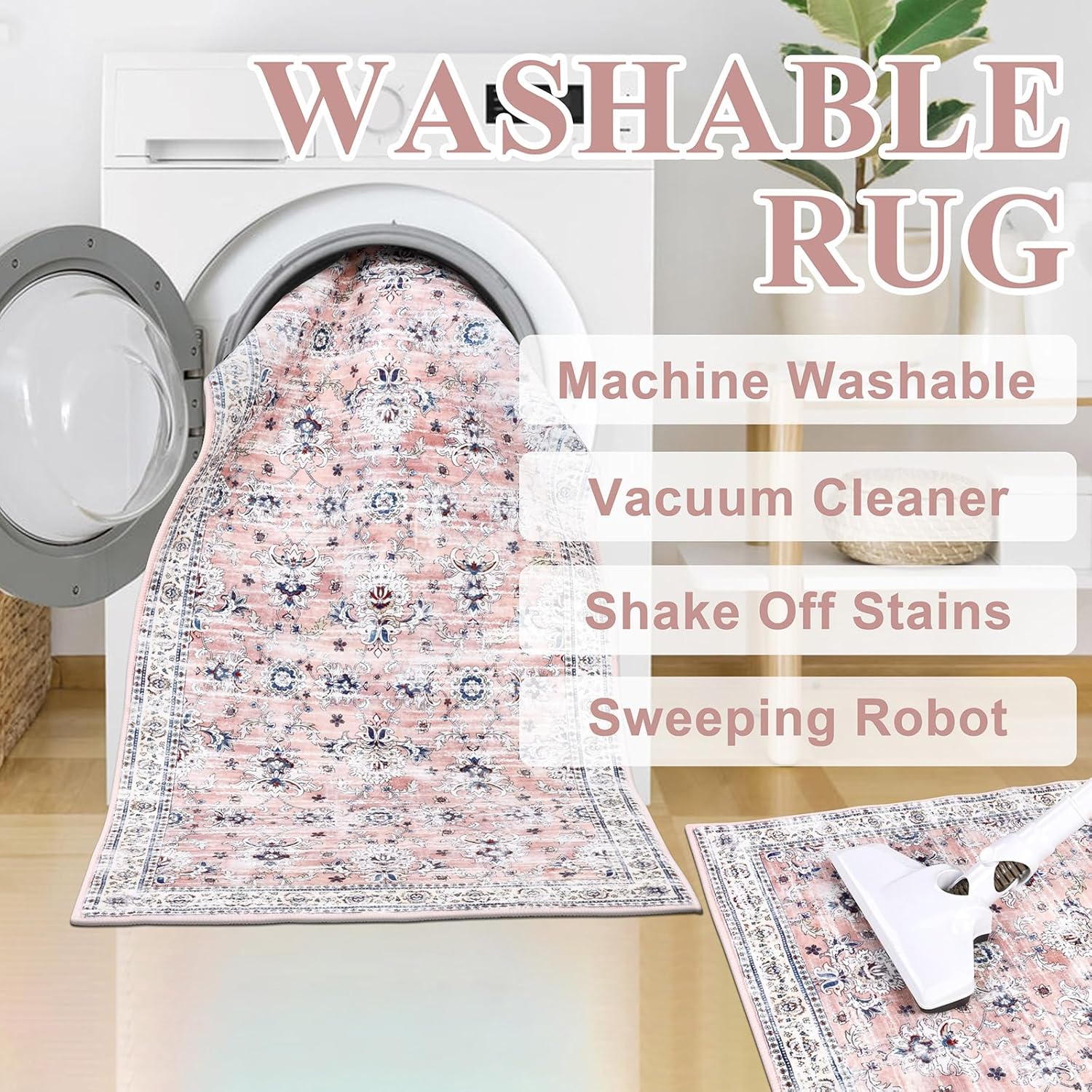 Ileading Vintage Boho Floral Runner Rug 2x8 Non Slip Kitchen Floor Mat Machine Washable Hallway Carpet Non-Shedding Soft Faux Wool Throw Rug for Entryway Laundry Bedroom Livingroom(Pink)