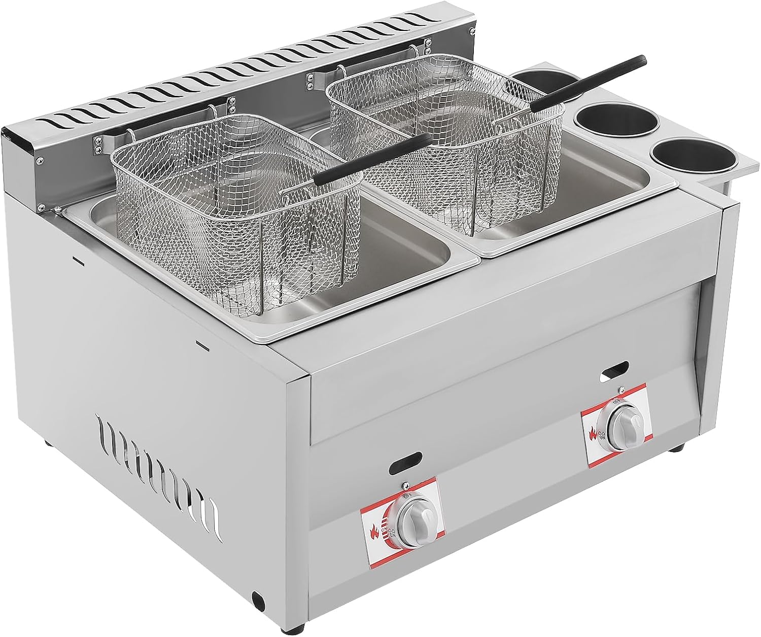 Commercial Gas Deep Fryer, Stainless Steel Countertop Gas Fryer Cooker with 10L*2 Filter Baskets & Lids & Tanks, Large French Fries Fryer Machine with 3 Seasoning Cups For Restaurant Home Kitchen