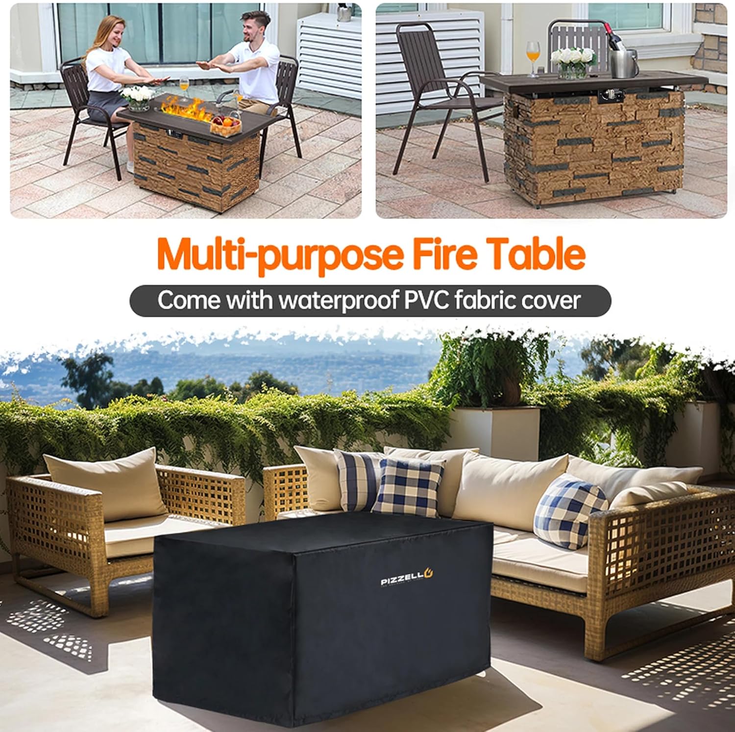 PIZZELLO 43 Inch Propane Fire Pit Table Outdoor Stone Firepit Rectangular 50000 BTU Propane Fire Tables for Outside Patio with Wind Guard, Table Lid, Fire Beads, Cover, Pizzello Caldo (Brown)
