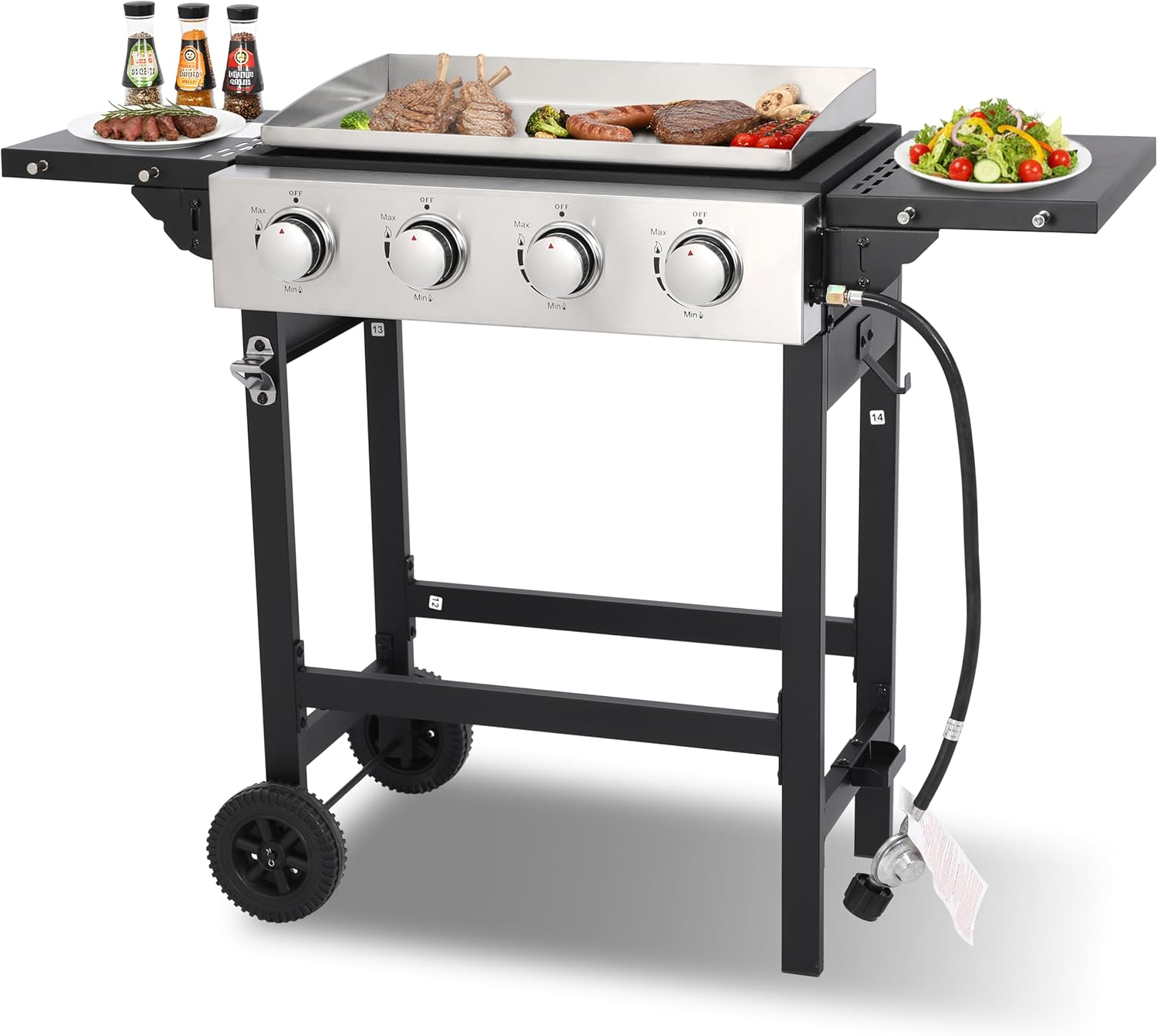 Portable 4-Burner 22 inch Flat Top Grill with Folding Tabletop Design & Integrated Cart - 38,200 BTU Propane Griddle for Outdoor Cooking, Camping, Tailgating