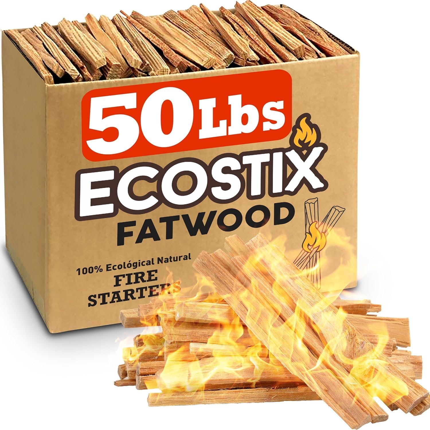 Eco-Stix Fatwood Fire Starter Kindling Firewood Sticks – 100% Organic – Firestarter for Wood Stoves, Fireplaces, Campfires, Bonfires, 50 Pounds