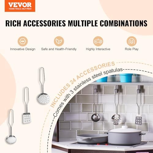 VEVOR Interactive Wooden Toy Play Kitchen Playset for Kids with Lights and Sounds, Corner Design with Ice Maker, Oven, Sink, Clock, Microwaves, Refrigerator and Accessories, for Girls & Boys, Brown