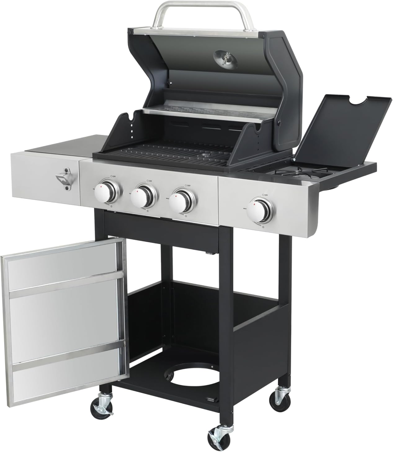 3-Burner Propane Gas BBQ Grill with Side Burner - 37230BTU, Enameled Cast Iron Cooking Grids, Double-Layer SS Front Door, Lockable Casters, Outdoor Use (Black+Silver)