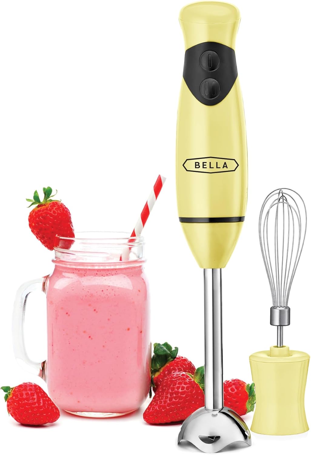 BELLA 2-Speed Hand Immersion Blender with Whisk Attachment, 250 Watt, Yellow, Immersion Blender with Dishwasher Safe Whisk & Blending Attachments for Food Prep (17577)