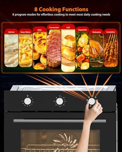 Single Wall Oven 24 Inch Built-in Electric Ovens 3000W 240V 2.5Cu.ft Convection Stainless Steel Oven, Normal Mechanical Knobs