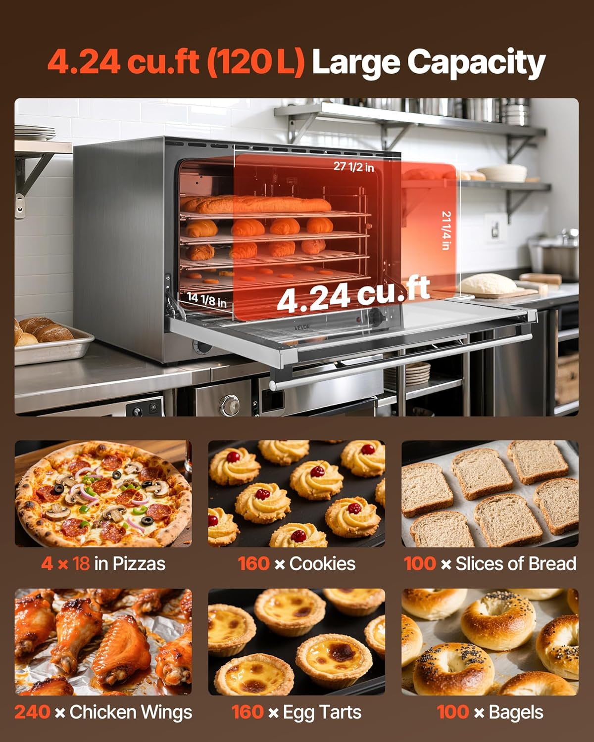 VEVOR Commercial Convection Oven, 4.24 cu.ft Countertop Oven for Full-Size Pans, Electric Convection Ovens with 4 Racks, 360° Hot Air Circulation, for Bakery, Restaurant & Pizza Shop (208-240V 5000W)