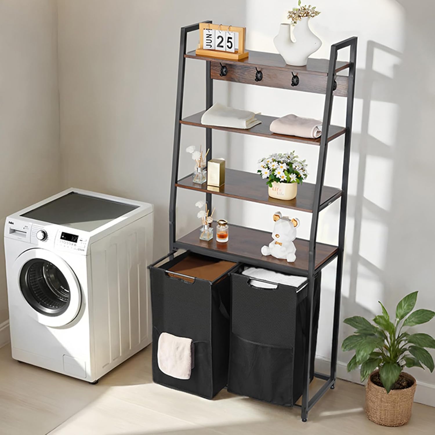 VEVOR 4 Tiers Laundry Sorter, Tall Laundry Hamper with Shelves and Hooks, 2 Section Freestanding Basket Organizer Storage with 600D Oxford Cloth Bags and Ladder Shelves for Dirty Clothes, Bathroom