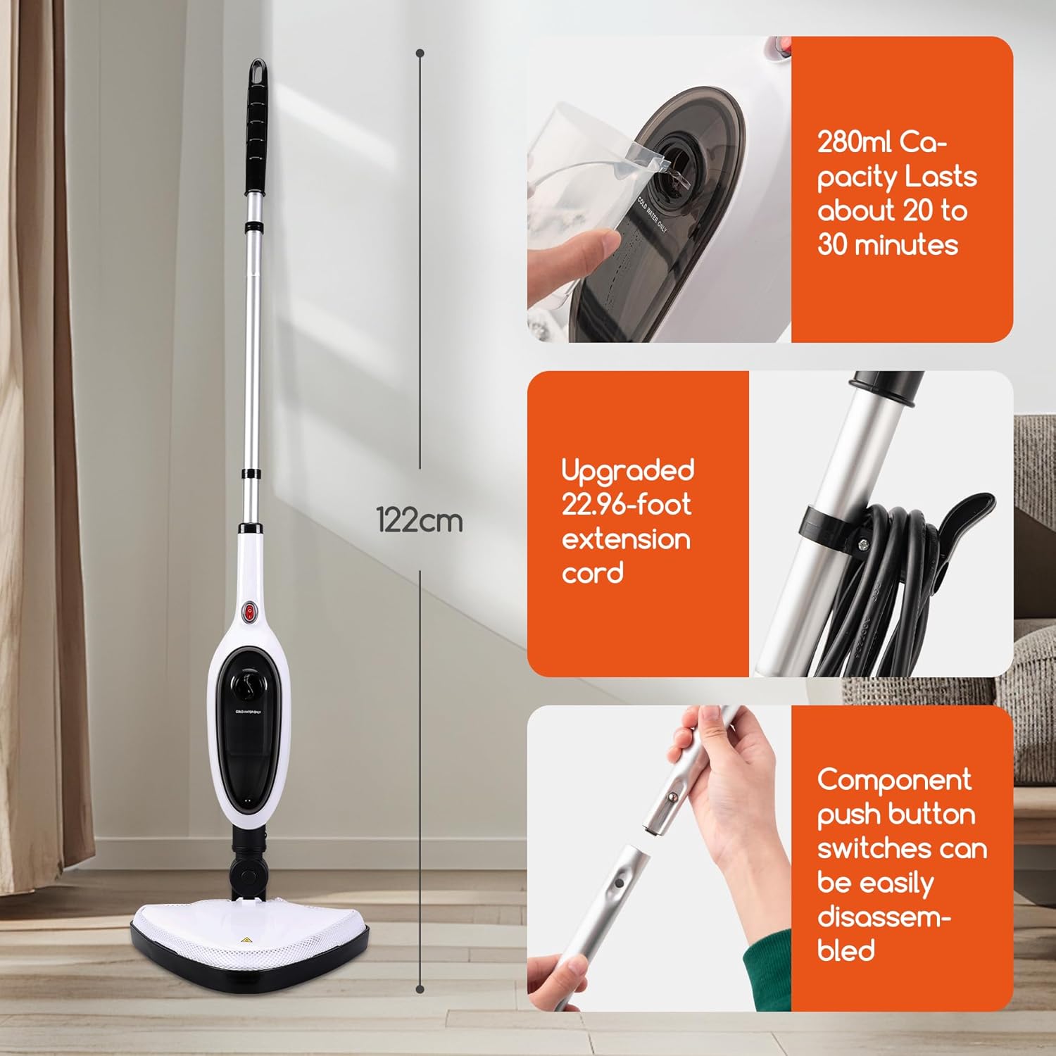 Steam Mop with Attachments,20s Rapid Heating,Lightweight Floor Steamer for Kitchen, Living Room Wood Floor Tile Carpet Cleaning