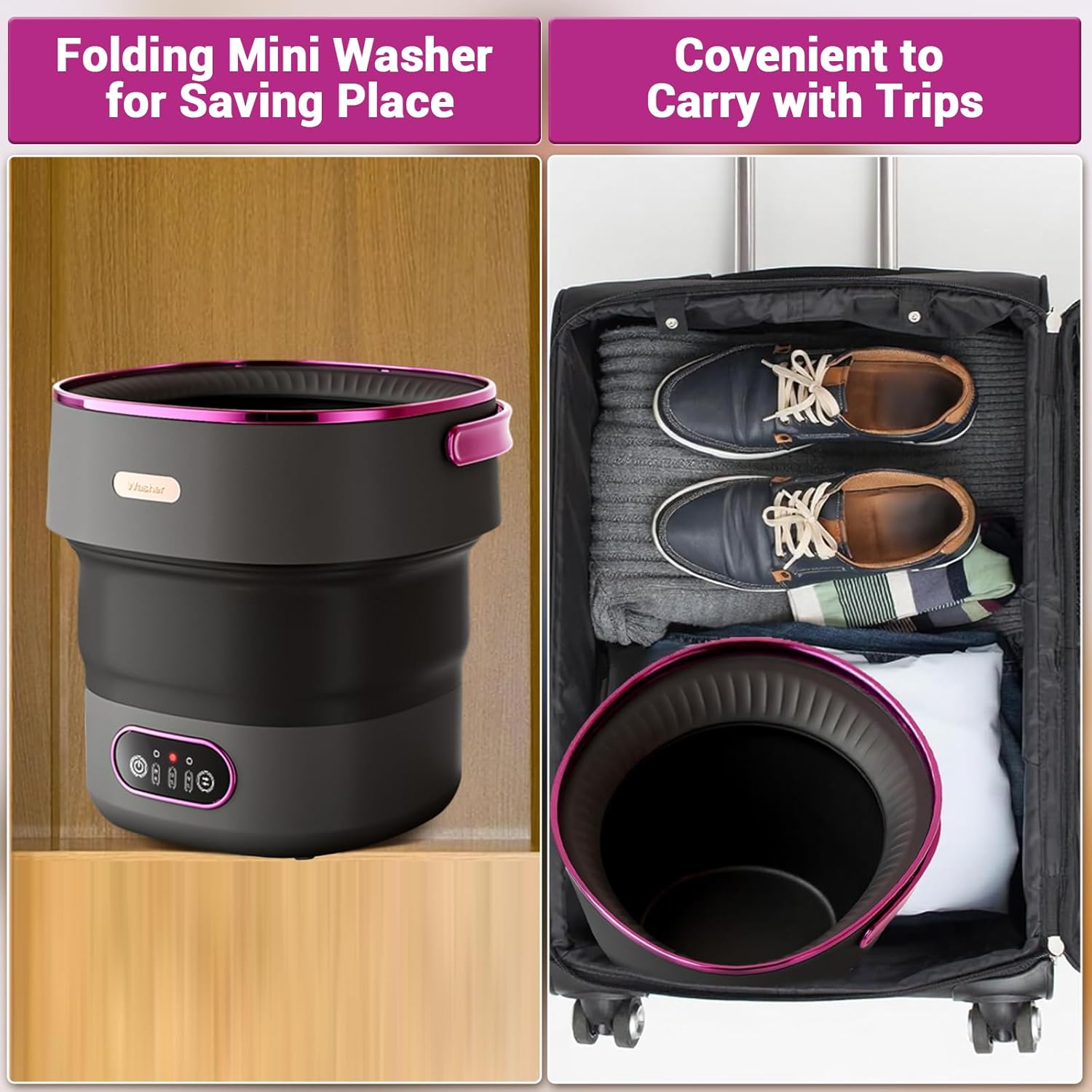 Portable Washing Machine, 13 L Foldable Mini Washer with with 4 Modes and Spin Basket Deep Cleaning of Underwear Baby Clothes and Small Clothes for Apartments Dorm RV Travel Hotel Laundry Black Purple