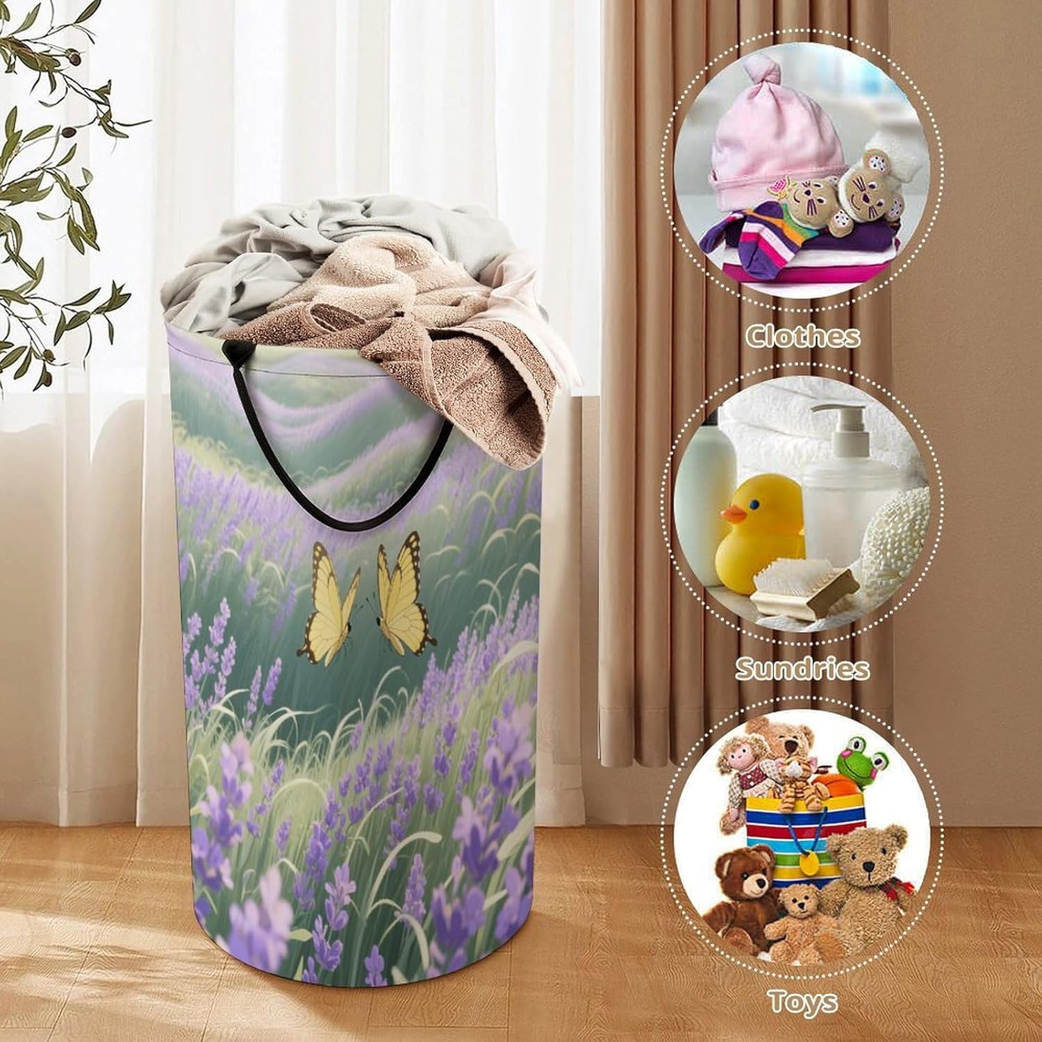 86L Large Laundry Hamper Yellow Butterfly Patterned Dirty Laundry Hamper Foldable Laundry Bag with Handle Suitable for Bedroom Living Room And Bathroom Washing Machine