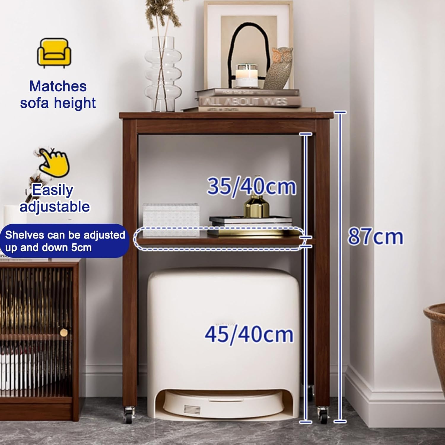 Sweeping Robot Storage Rack, Entryway Hallway Double-Tier Robot Vacuum Cleaner Shelf with Adjustable Shelves, Wood Freestanding Rack, for Living Room Kitchen