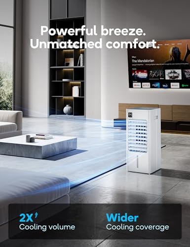 Portable Air Conditioner, Evaporative Air Cooler Windowless with Remote, 3 Speeds, 12H Timer, Oscillating Swamp Cooler for Bedroom, Living Room, White