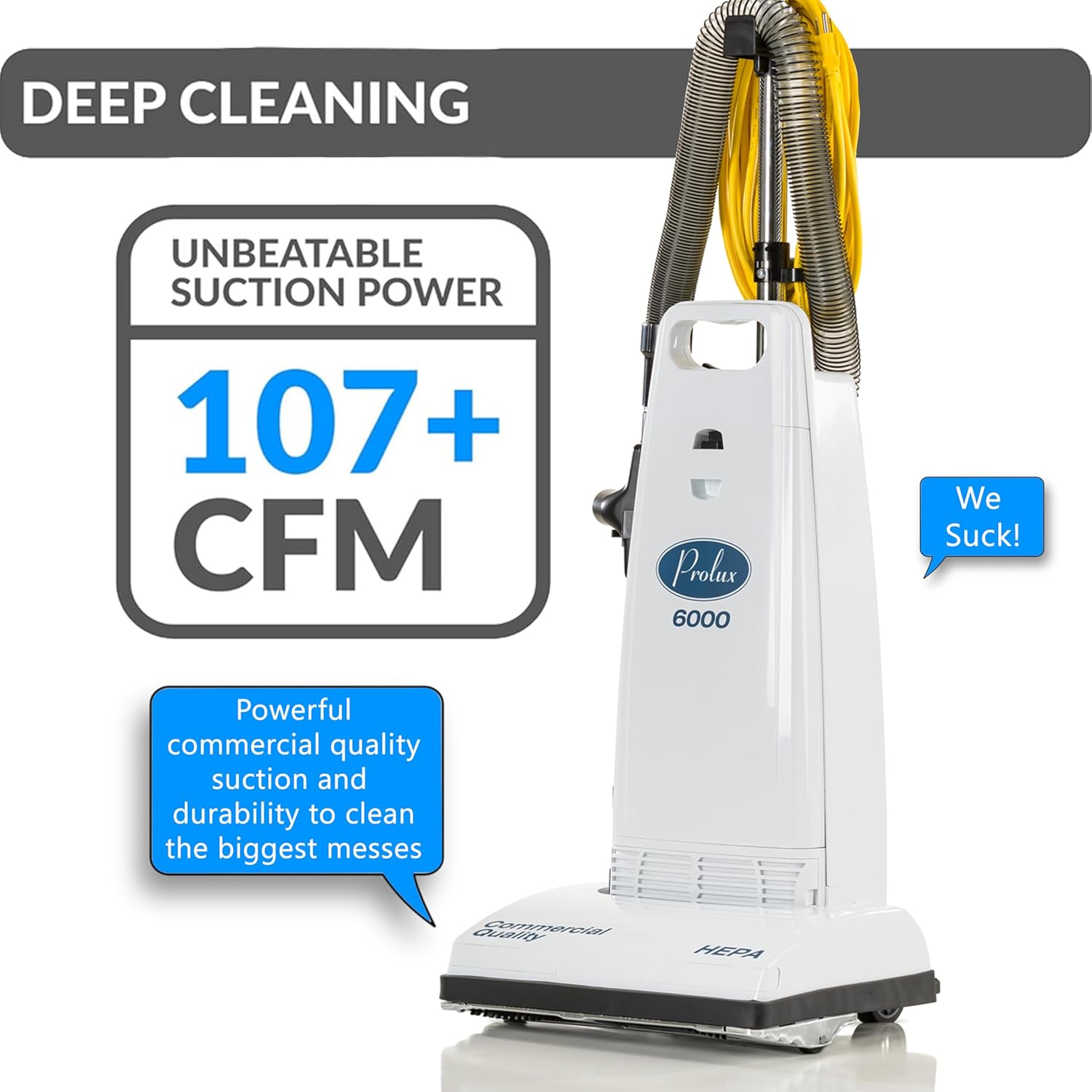 Prolux 6000 Commercial Upright Vacuum with On Board Tools, Bagged Vacuum Cleaner, Commercial Vacuum, Carpet, Floor, HEPA Filter, Steel Brushroll, 107 CFM Suction Power