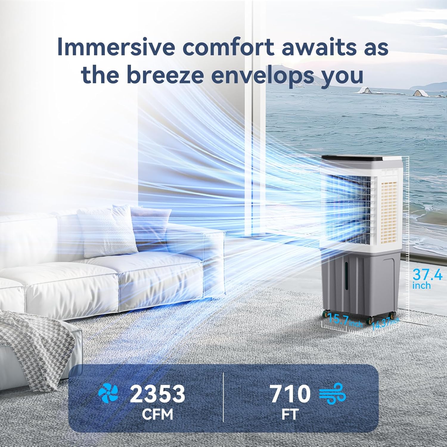 Evaporative Air Cooler, 3-IN-1 Portable Air Conditioners with 2353 CFM, Swamp Cooler with 9.2 Gallon Water Tank, Remote & Touch Control, 90°+120° Oscillation, Air Coolong Fan for Outdoor Indoor