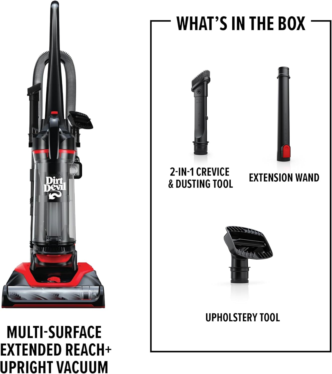 Dirt Devil Multi-Surface Extended Reach+ Upright Bagless Vacuum Cleaner for Carpet and Hard Floor, Powerful, Lightweight, Corded Vacuum Cleaners for Home Use
