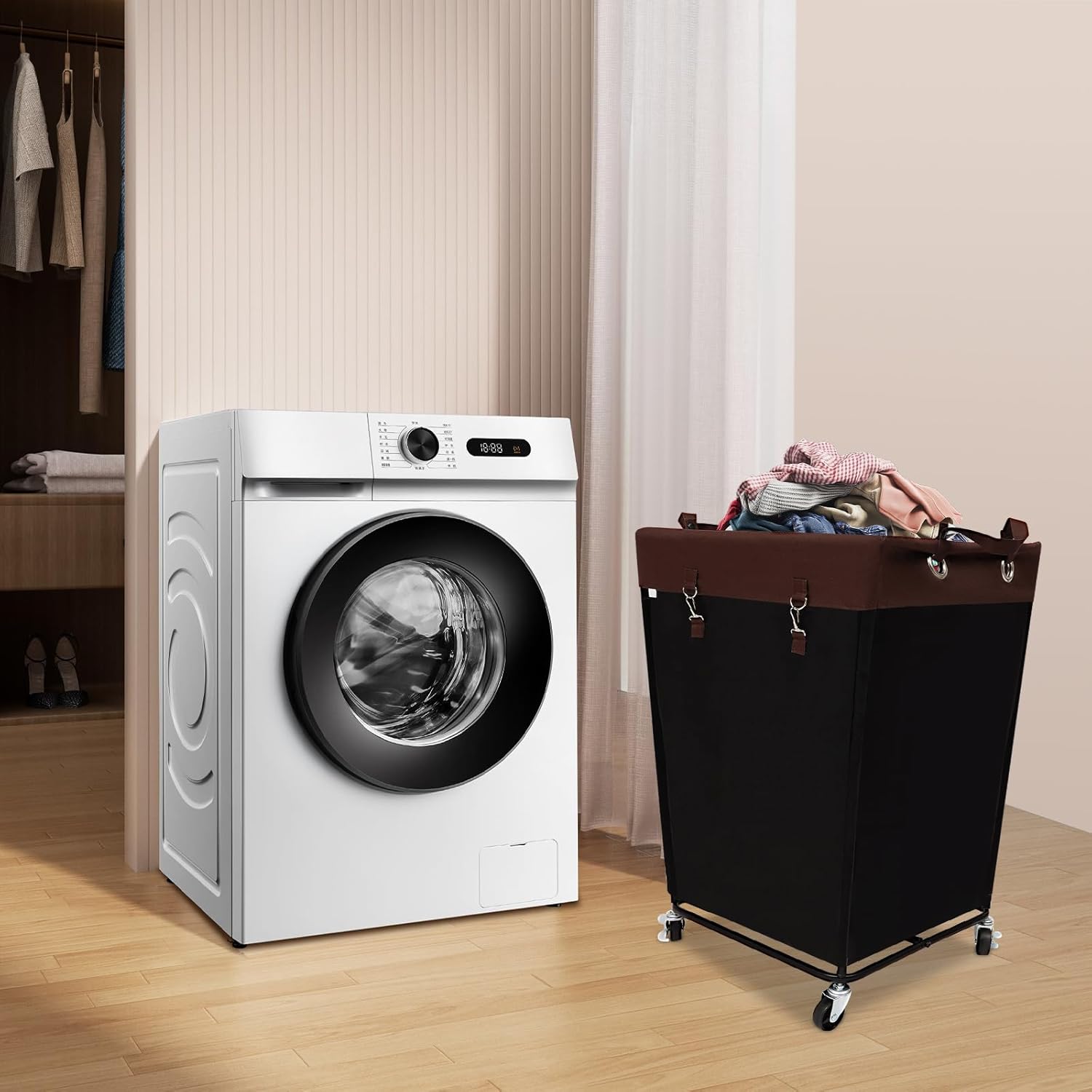 210L Laundry Storage Basket with Wheels, Large Rolling Laundry Hamper Cart with Removable Waterproof Laundry Bag, Dirty Clothes Basket for Hotel, Home, Closet, Dorm (Black)