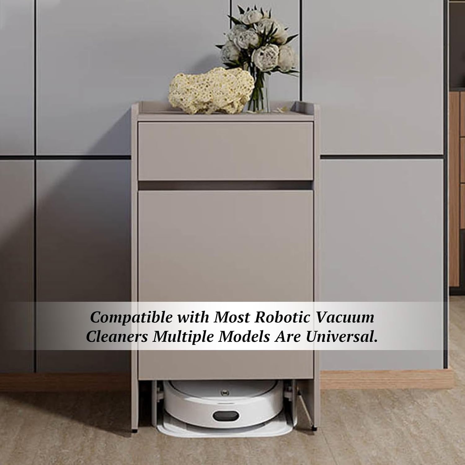 Mobile Sweeper Robot Storage Cabinet Shelf Narrow Corner Hidden Robot Vacuum Stand Storage Cabinet with Wheels Wood Freestanding Rack Space Saver for Home Office(Natural)