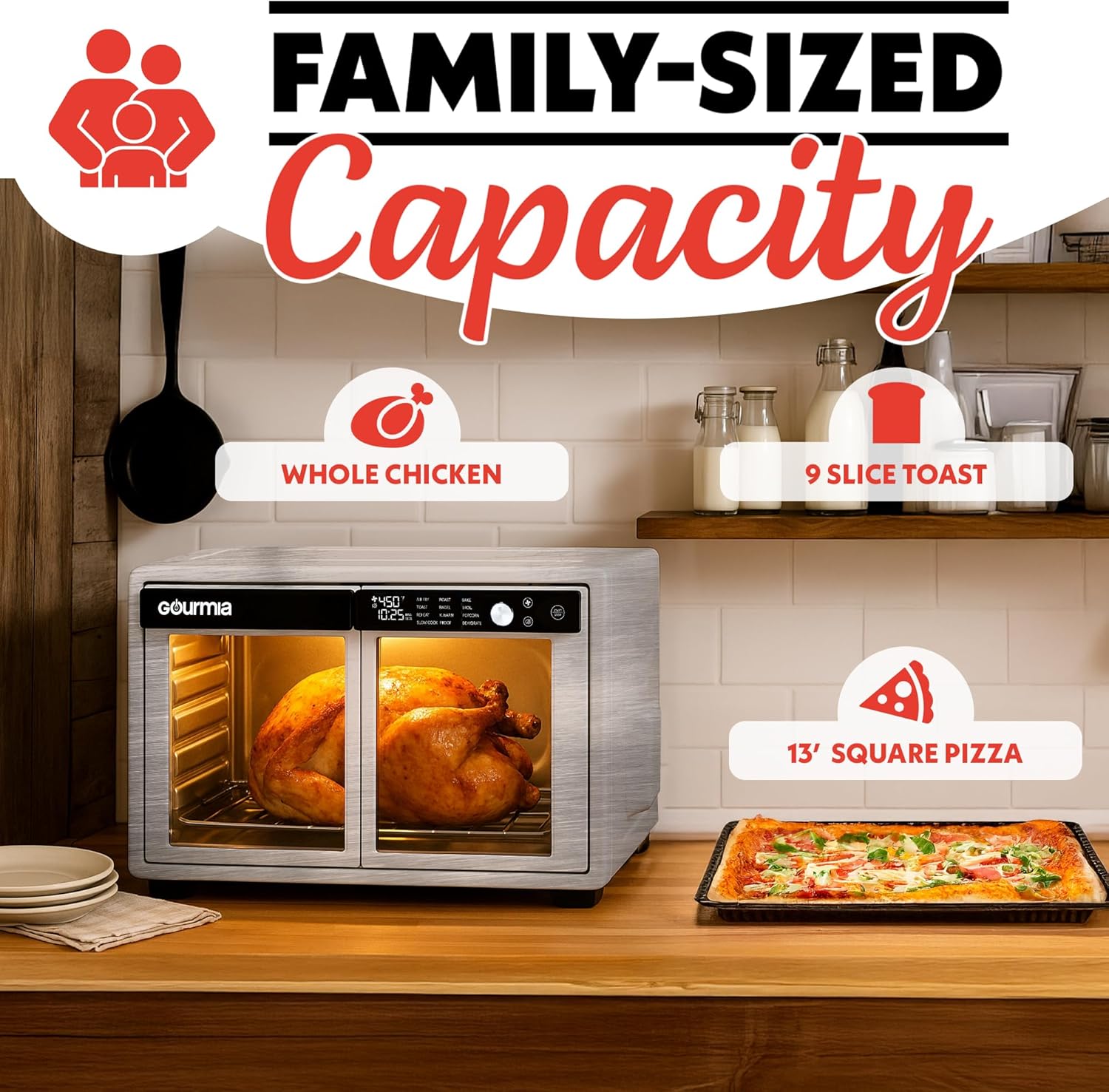 Gourmia French Door Air Fryer Oven - 37 Qt Large Capacity Convection Toaster Oven, FryForce 360°, Digital Display, 12 Cooking Presets, Dehydrate, Fits 13” Pizza, Dishwasher-Safe, Stainless Steel