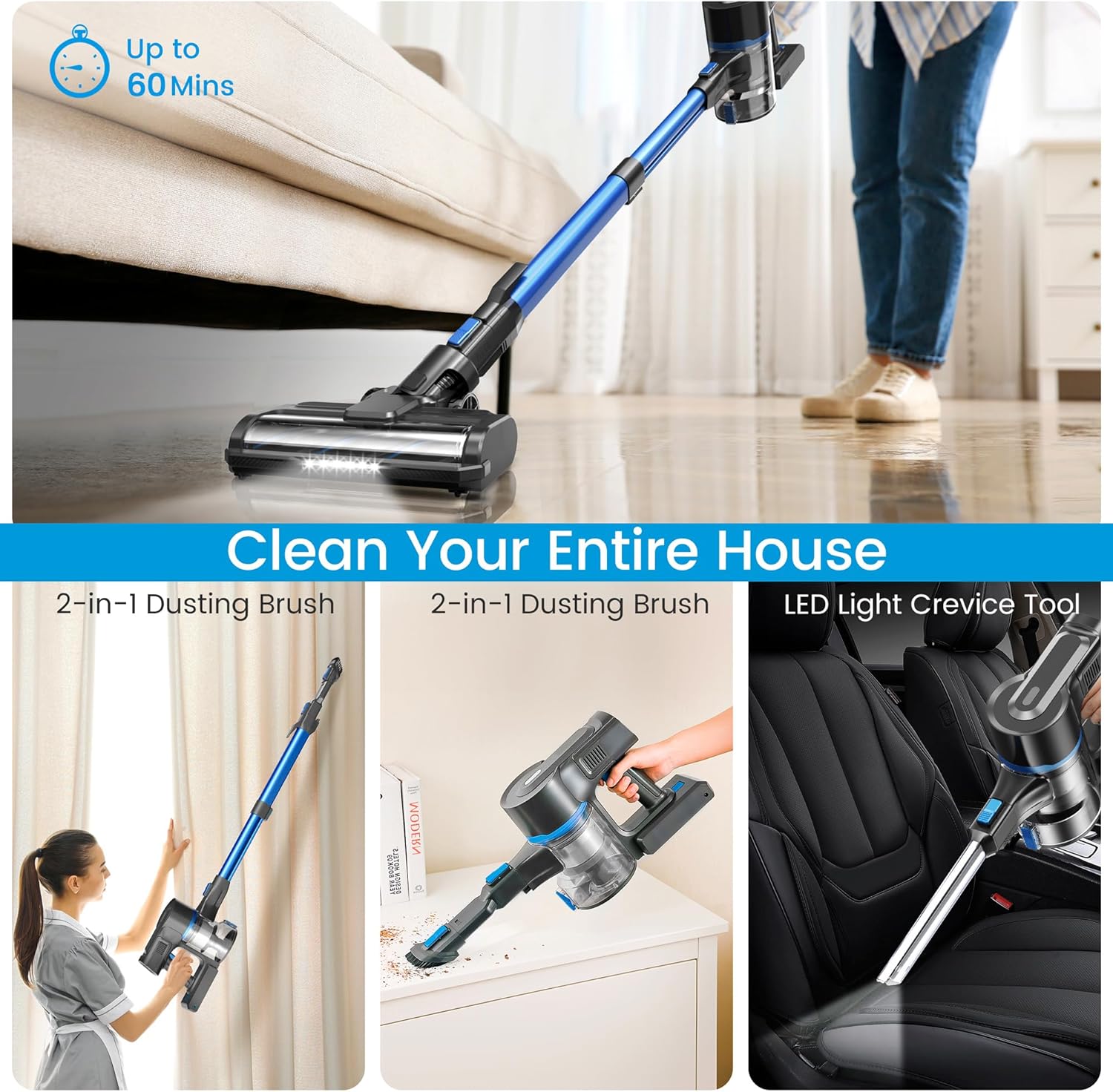 Cordless Vacuum Cleaner, Powerful Suction Vacuum with 40Kpa 500W Brushless Motor, Lightweight Stick Vacuum Cleaner Max 60 Min Runtime for Carpet and Hard Floor Pet Hair (Blue)