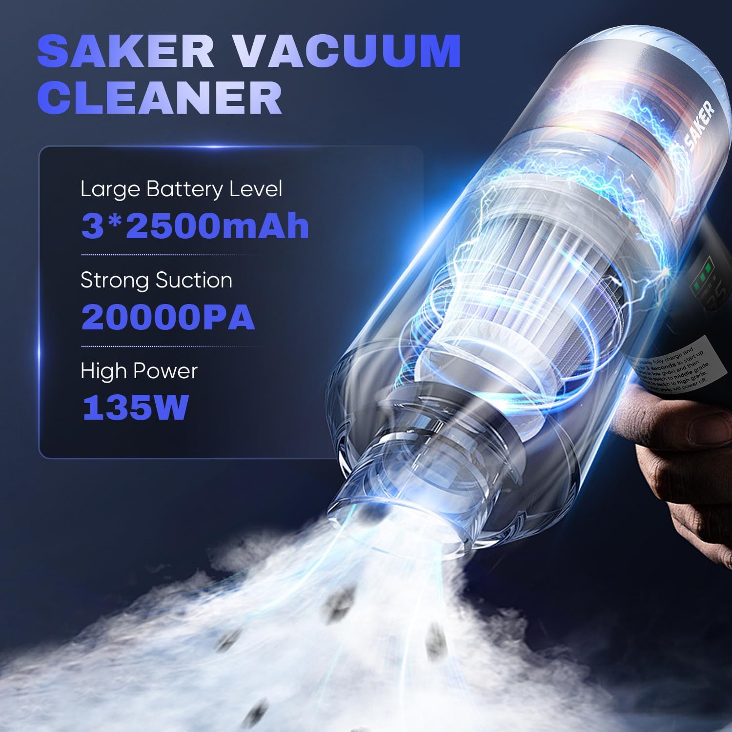 Saker Car Vacuum Cleaner HL157 4-in-1 Cordless Handheld Vacuum with 20000Pa Suction & LED Light + Original HEPA & Steel Filter Set (4PCS), Portable for Car, Home, Office, Pet Blue
