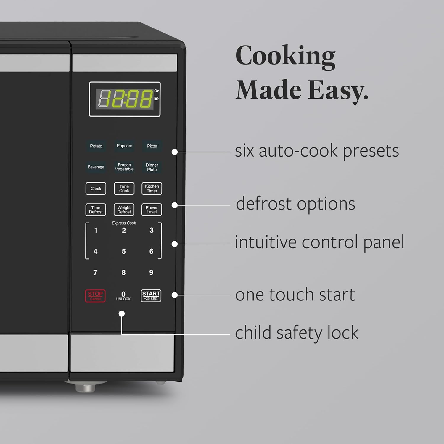 Farberware 1.6 Cu. Ft. Countertop Microwave Oven – 1100 Watts Power, Auto Cook Settings, Defrost, Easy Clean and Child Safety Lock - Stainless