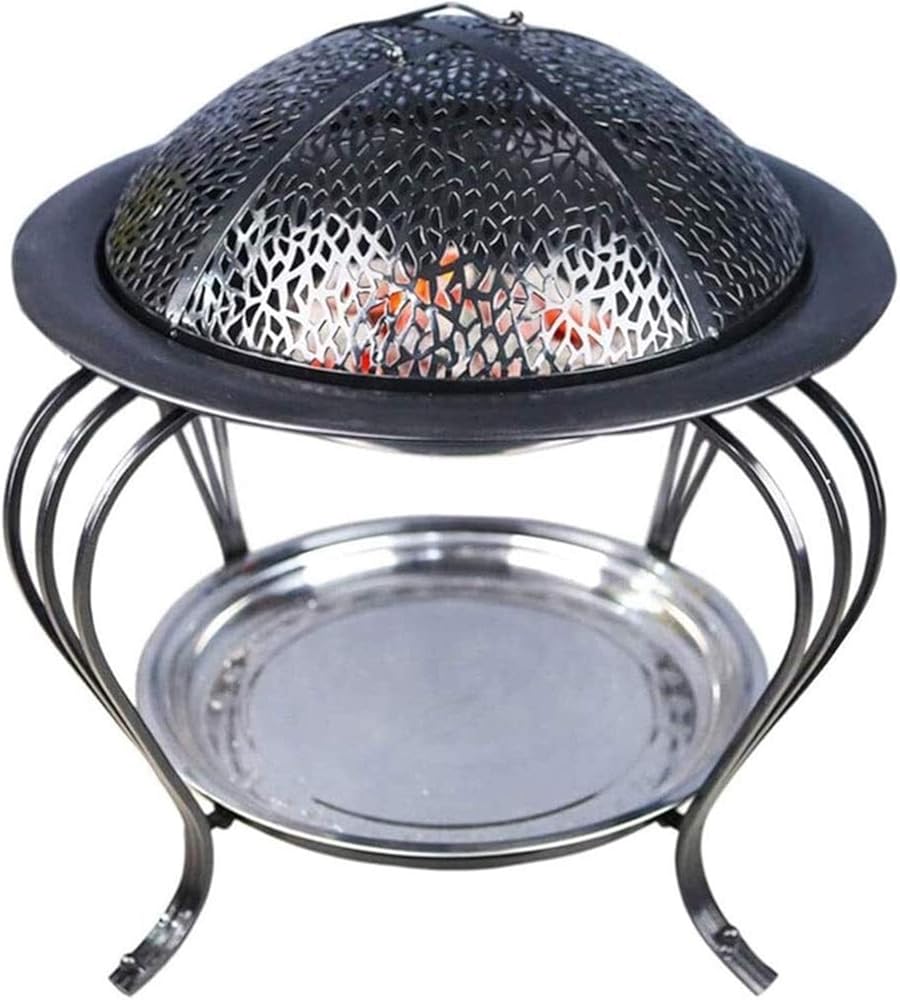 Fire Pits Outdoor Wood Burning Fire Pits | Cast Iron Grill, All in One Open Fire Cooking, Stainless Steel Garden Grill Brazier BBQ Indoor Charcoal with Cover BBQ Cooking for Outside Camping