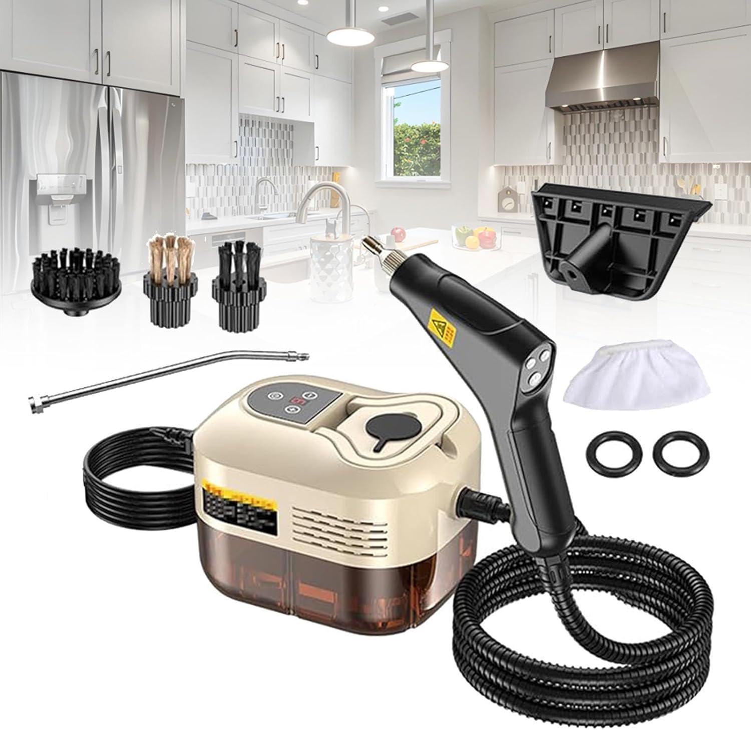 Portable Handheld Steam Cleaner,High Temperature,Handle Controllable Switch/Intelligent Digital Display,4 Brush Heads for Car, Kitchen, Furniture, Grout, Tile,Beige