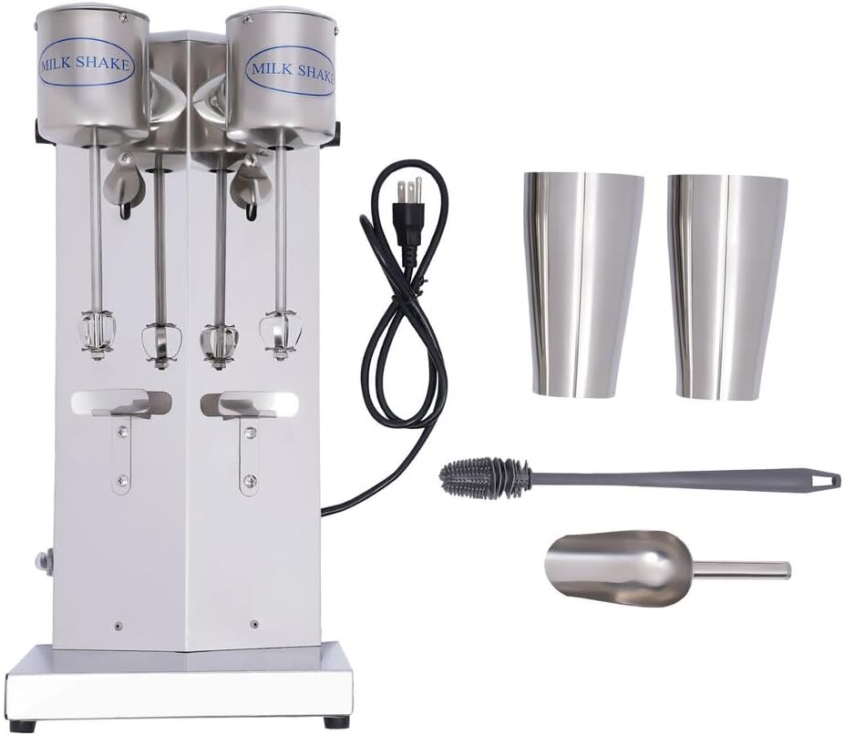 Milkshake machine, commercial stainless steel milk shaker with double head beverage blender, electric milkshake machine, stainless steel drink and juice blender, with 2 x 800 ml cups, 110V 180W.