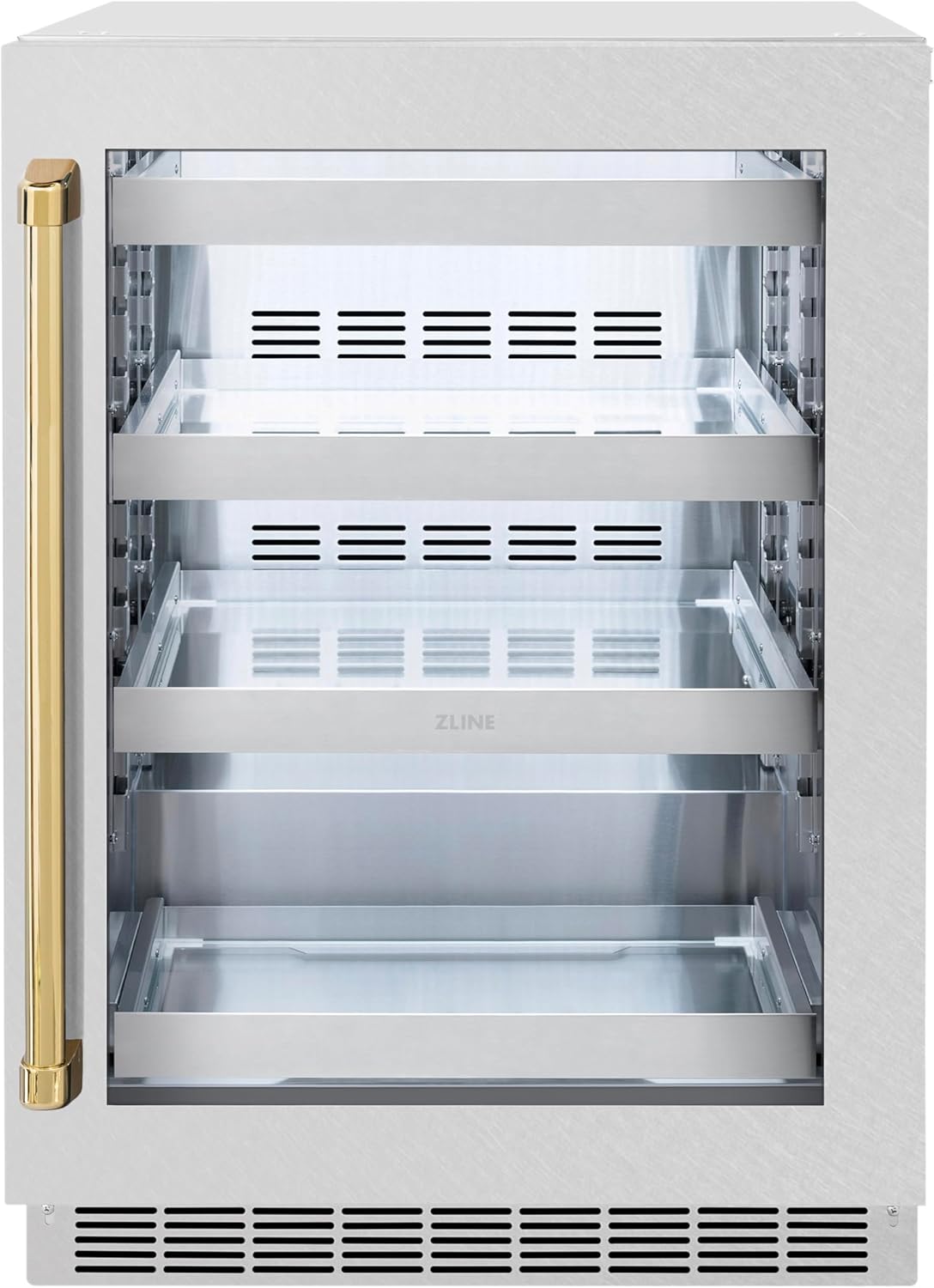 ZLINE Autograph Edition 24 in. Touchstone 151 Can Beverage Fridge With Satin Stainless Steel Glass Door And Polished Gold Handle (RBSOZ-SN-24-G)