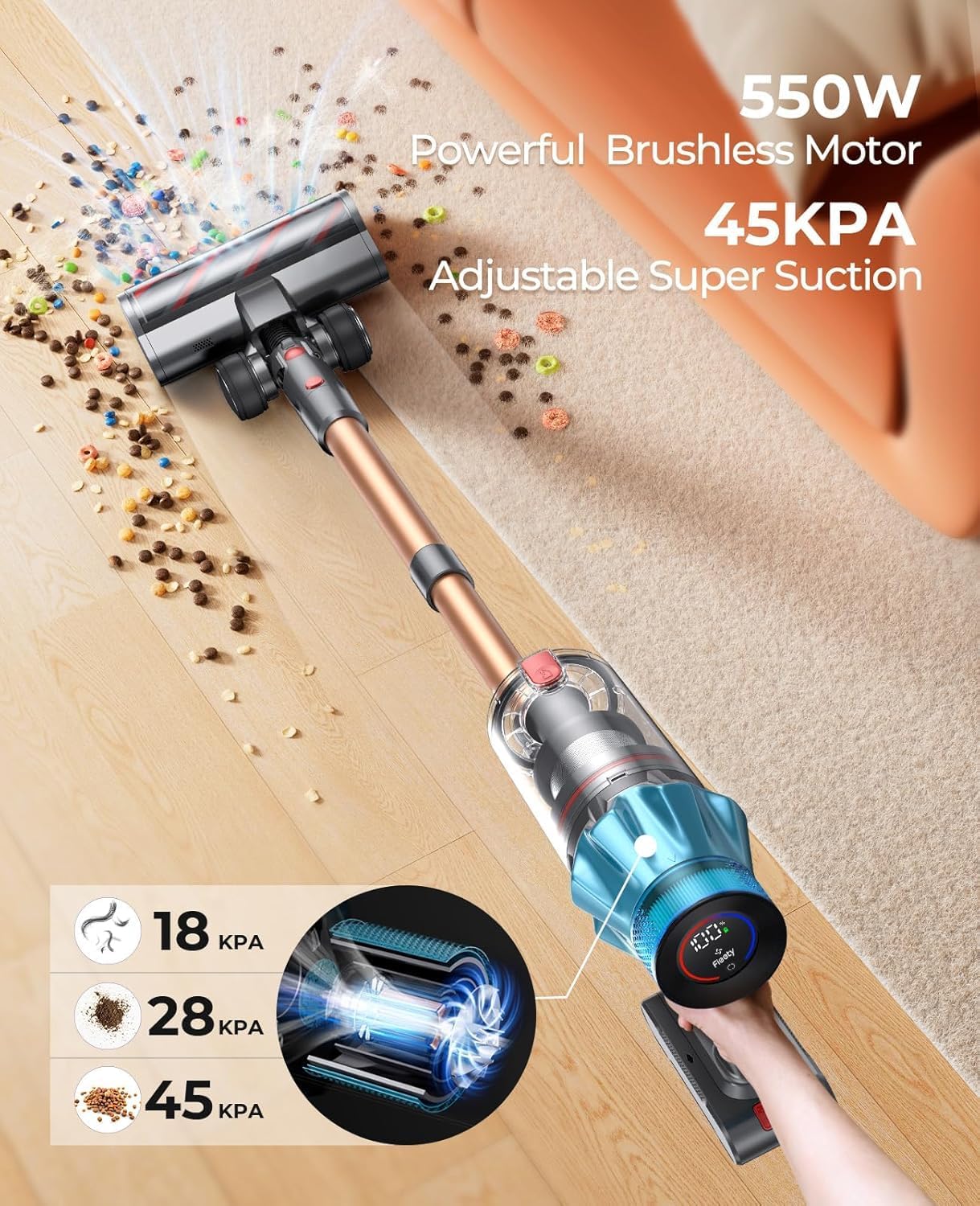Cordless Vacuum Cleaner 550W/45Kpa, Stick Vacuum Cleaners 60 Mins Max Runtime with Charging Dock, Self-Standing Handheld Vacuum with Touch Display, 6-in-1 Vacuum Cleaner for Carpet/Hard Floor/Pet Hair