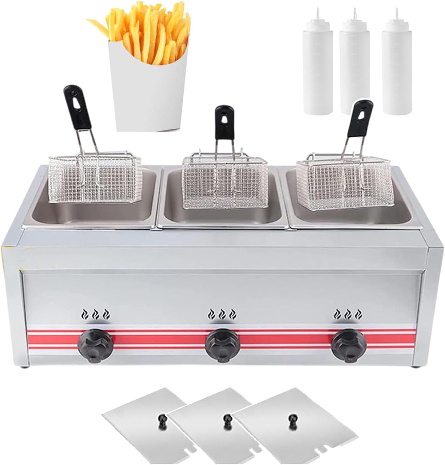 Commercial Fat Fryer/Professional Gas Fryer/Countertop Oil Fryer/Hobs Electric Pans Hobs - with 3 Deep Frying Baskets and 3 Lids, for Restaurants, Shops Home Use,