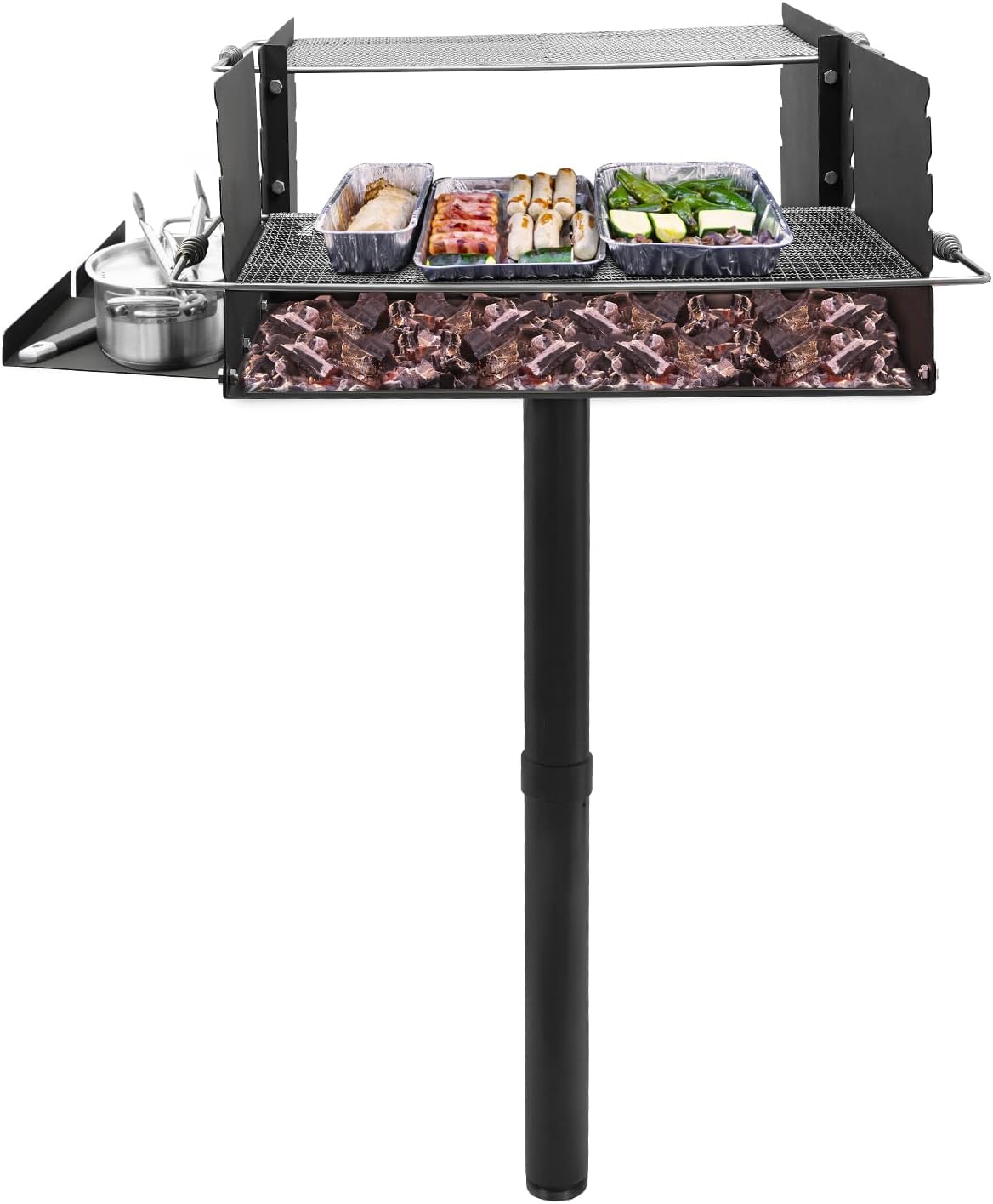 Barbecue Grill, Single Post Jumbo Charcoal Grill with 4 Adjustable Grate heights, side racks, Heavy Duty Outdoor Carbon Steel Camp Grilling Barbecues for Outdoor Cooking, Parties, Camping