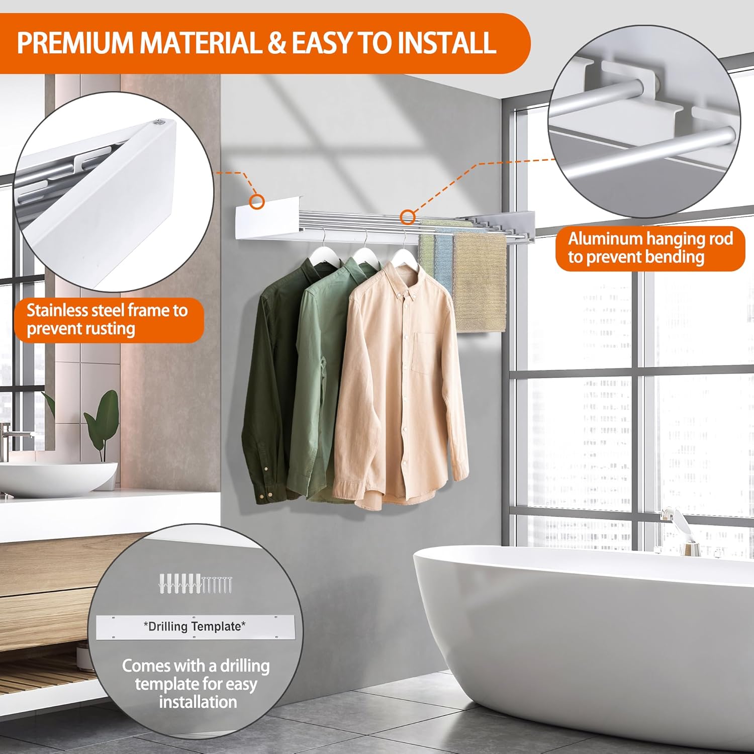 FOCHIER F Laundry Drying Rack Wall Mounted Clothes Drying Rack Collapsible with 5 Aluminum Rods and Drilling Template Long Screwdriver Bit 60 lbs Capacity (White, 31.5