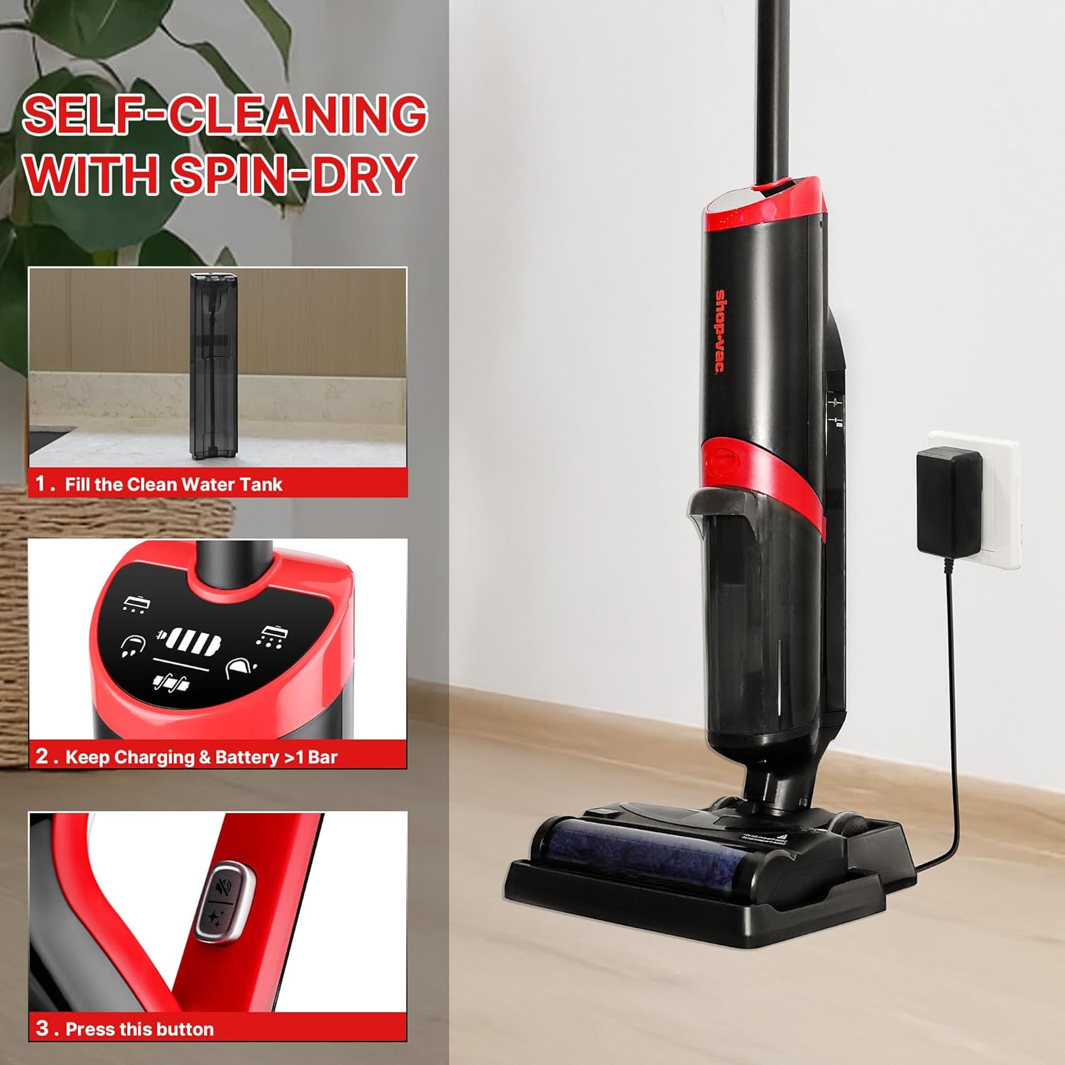 Shop-Vac Wet Dry Vacuum Cleaner and Mop, 15000Pa Vacuum Mop All in One, Lightweight Multi-Surface Cleaner with Self-Cleaning, LED Display & Voice Prompts