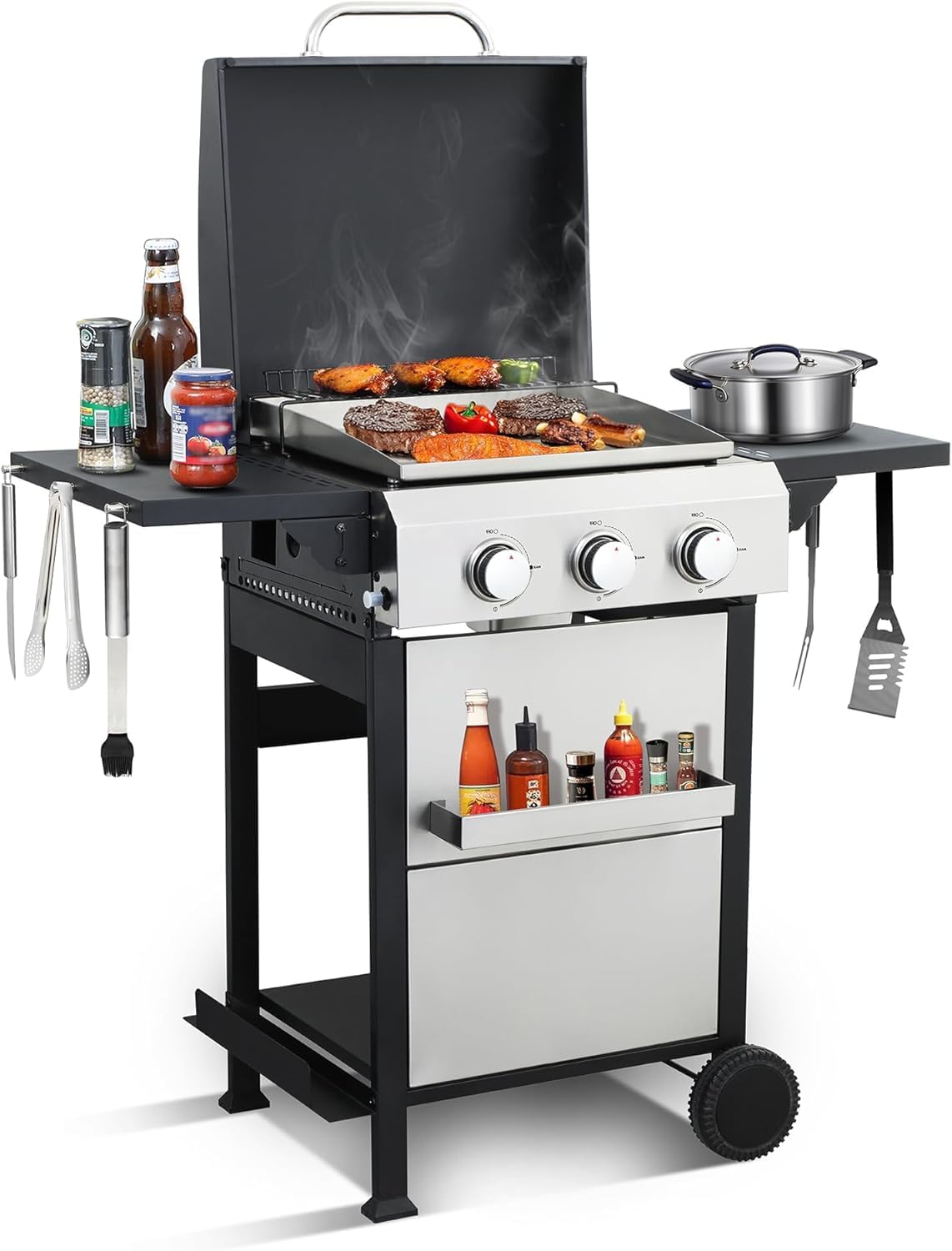 3 Burner Propane Gas Grill with Foldable Side Table | 36,900 BTU BBQ Grills with Cast Iron Grid, Stainless Steel Griddle for Outdoor Backyard